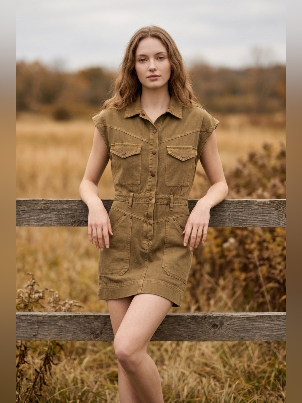Miou Muse Eleanor Mini Washed Olive Denim Cargo Dress Women’s Size Small